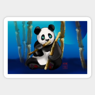 Adorably cute cartoon panda in a bamboo forest at night Sticker